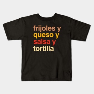 Deconstructed bean and cheese breakfast taco: frijoles y queso y salsa y tortilla (list of ingredients in real colors, in Spanish) Kids T-Shirt